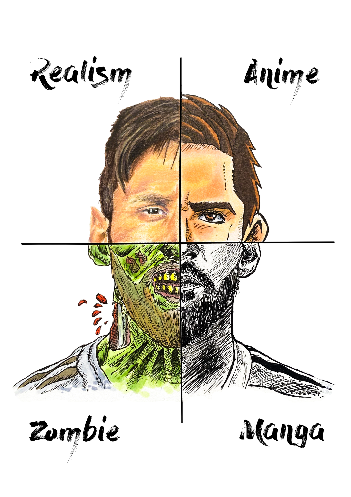Messi Drawing 4 Styles Art Print